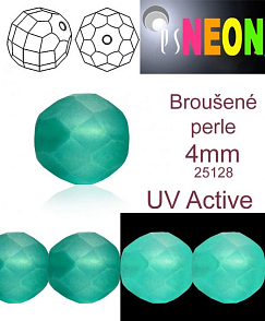 Korálky NEON (UV Active) BROUŠENÉ velikost pr.4mm barva 25128 SMARAGDOVÁ mírně průhledná. Balení 31Ks. 