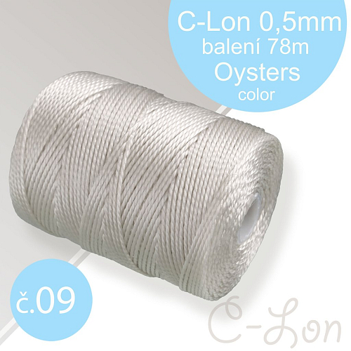 Nylonová nit C-Lon pevná korálková nit. Barva 09 Oysters. Síla nitě 0,5mm. Balení 78m na cívce.