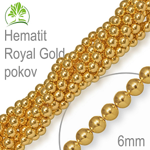 Korálky z minerálů Hematit Royal Gold pokovený polodrahokam. Velikost pr.6mm. Balení 12Ks.