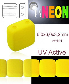 Korálky čtverec 2 otvory NEON (UV Active) velikost 6,0x6,0mm barva 25121 žlutá. Balení 20Ks. 