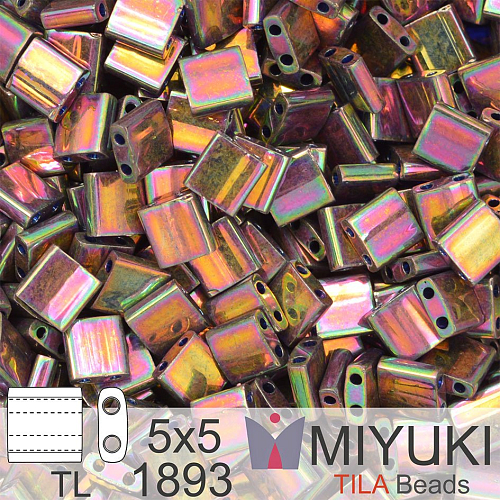 Korálky MIYUKI tvar TILA BEADS velikost 5x5mm. Barva TL 1893 Plum Gold Luster. Balení 3g.