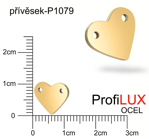 Přívěsek Ocel ozn-P1079 SRDCE 2x otvor velikost 10x12mm tl.1.0mm. Velikost otvoru 2x pr. 1,4mm. Barva POZLACENO. Řada přívěsků ProfiLUX. 