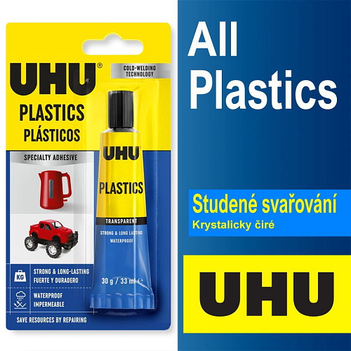 Lepidlo UHU All Plastics. Výkonné univerzální lepidlo pro většinu plastů. Balení 30g.