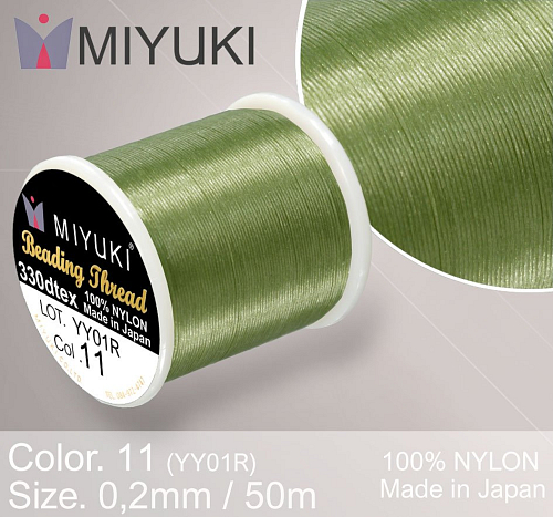 Nylonová nit značky MIYUKI. Barva č. 11 Green. Materiál 330DTEX (0,2mm). Balení 50m.