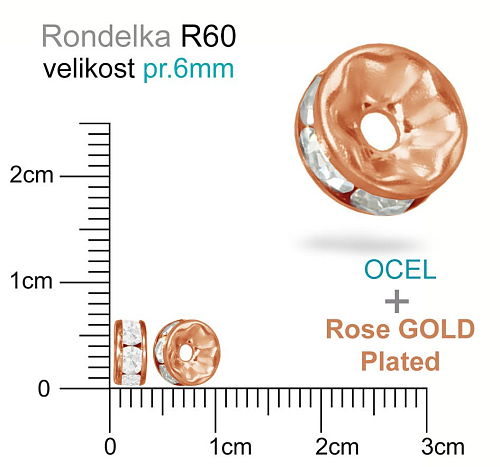 Korálek RONDELKA s kamínky Crystal OCEL ozn, R60. velikost pr.6mm otvor 1,2mm. Materiál OCEL (ROSE Gold)