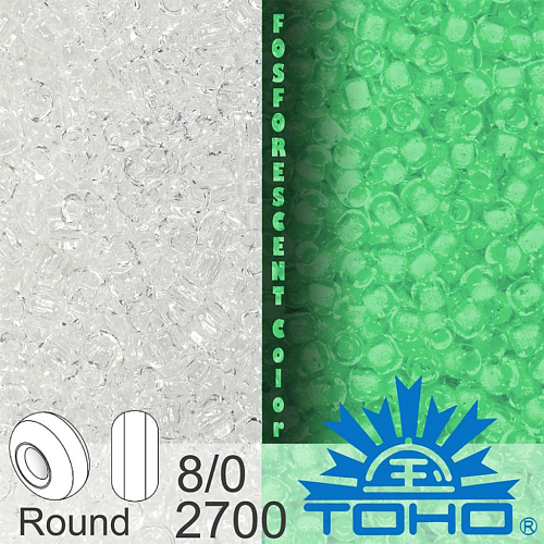 Korálky TOHO tvar ROUND (kulaté). Velikost 8/0. Barva č.2700-Glow In The Dark - Crystal/Green Splash . Balení 10g.