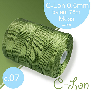Nylonová nit C-Lon pevná korálková nit. Barva 07 Moss. Síla nitě 0,5mm. Balení 78m na cívce.