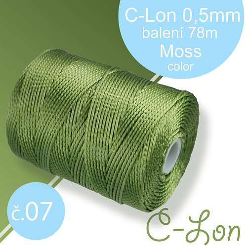 Nylonová nit C-Lon pevná korálková nit. Barva 07 Moss. Síla nitě 0,5mm. Balení 78m na cívce.