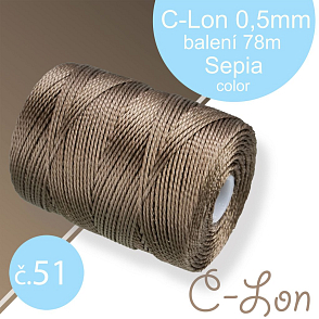 Nylonová nit C-Lon pevná korálková nit. Barva 51 Sepia. Síla nitě 0,5mm. Balení 78m na cívce.