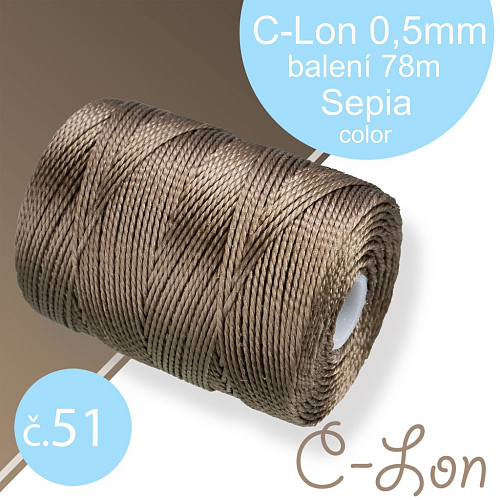 Nylonová nit C-Lon pevná korálková nit. Barva 51 Sepia. Síla nitě 0,5mm. Balení 78m na cívce.