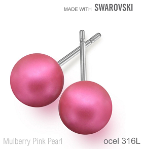Náušnice sada Made with Swarovski 5818 Mulberry Pink Pearl (001 2018) 8mm+puzeta 316L
