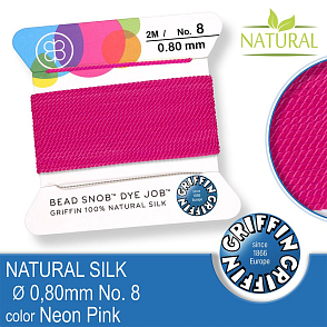 Hedvábná nit s jehlou GRIFFIN síla nitě 0,8mm No.8 délka 2m. Barva Neon Pink.