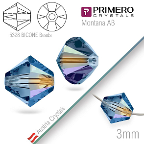 Korálky PRIMERO Crystals . Tvar 5328 Bicone BEADS. Barva Montana AB. Velikost 3mm balení-25Ks.