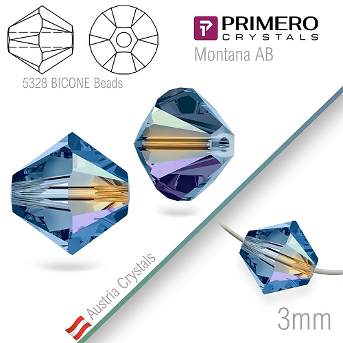 Korálky PRIMERO Crystals . Tvar 5328 Bicone BEADS. Barva Montana AB. Velikost 3mm balení-25Ks.