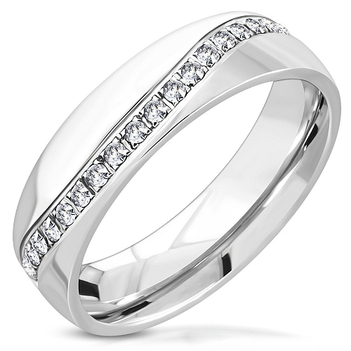 Ocelový prsten RWI 126 zdoben jemnou linkou krystalových kamínků o velikosti 8