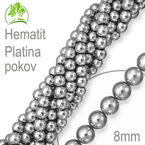 Korálky z minerálů Hematit Platina pokovený. Velikost pr.8mm. Balení 10Ks.