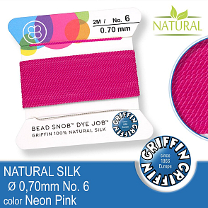 Hedvábná nit s jehlou GRIFFIN síla nitě 0,7mm No.6 délka 2m. Barva Neon Pink.