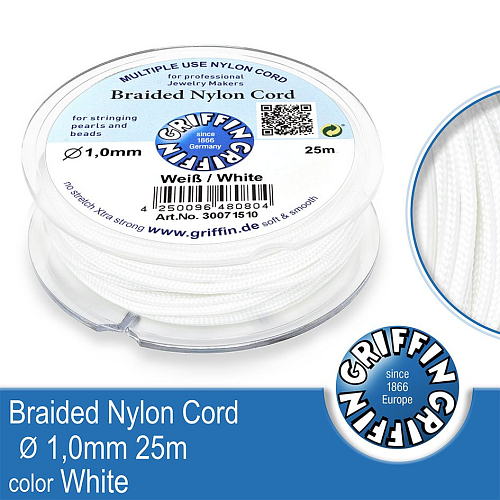 Braided NYLON (splétaná nit na náramky) GRIFFIN síla nitě 1mm cívka 25m. Barva White