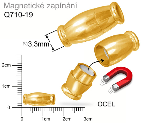 Magnetické zapínání CHIRURGICKÁ OCEL ozn.-STAS-Q710-19. velikost pr.6x14mm. Barva POZLACENO.