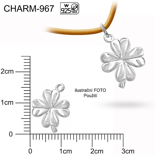 přívěsek ČTYŘLÍSTEK CHARM 967. Velikost 12x15mm tl.0,4mm. Materiál Ag925. Váha 0,70g.