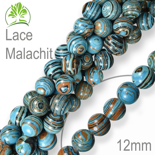 Korálky z minerálů Lace Malachit (dobarvovaný na barvu Tyrkys) přírodní polodrahokam. Velikost pr.12mm. Balení 6Ks.