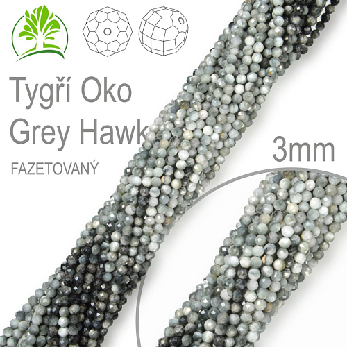 Korálky z minerálů Tygří Oko Grey Hawk Gradient Fazetovaný polodrahokam. Velikost pr.3mm. Balení 130Ks. 