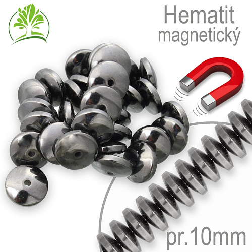 Hematitové MAGNETICKÉ korálky tvar Čočka pr. 10x4mm . Balení 10Ks.