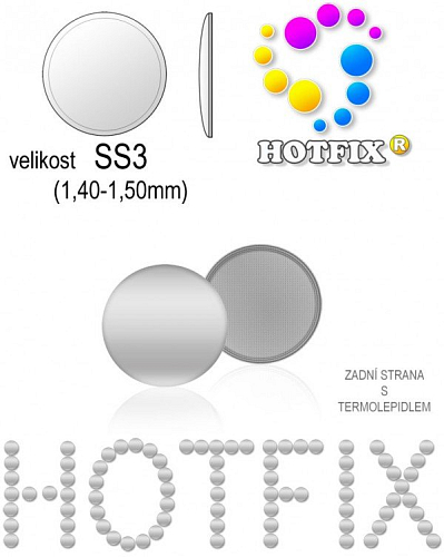 Kovové NAILHEAD HOTFIX nažehlovací polotovary. Velikost SS3 (1,40-1,50mm) Tl.0,6mm. Barva 001 STŘÍBRNÁ  (lesklá ocelová). Balení 100Ks.