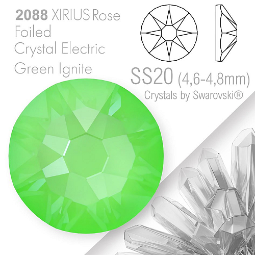 SWAROVSKI  XIRIUS Rose 2088 Foiled. Barva Crystal Electric Green Ignite velikost SS20 (4,6-4,8mm). Balení 15Ks.