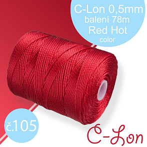 Nylonová nit C-Lon pevná korálková nit. Barva 105 Red Hot. Síla nitě 0,5mm. Balení 78m na cívce.