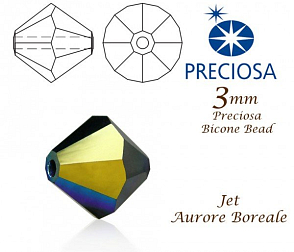 PRECIOSA Bicone (sluníčko) velikost 3mm. Barva JET Aurore Boreale. Balení 42ks 