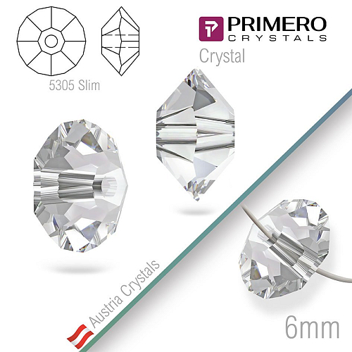 Korálky PRIMERO Crystals. Tvar 5305 Slim. Barva Crystal. Velikost 6mm