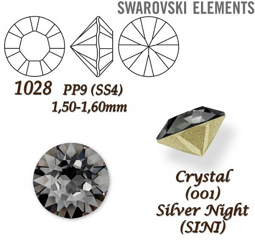 SWAROVSKI ELEMENTS 1028 Chaton Stone PP9 (SS4) 1,50-1,60mm barva CRYSTAL (001) SILVER NIGHT (SINI).