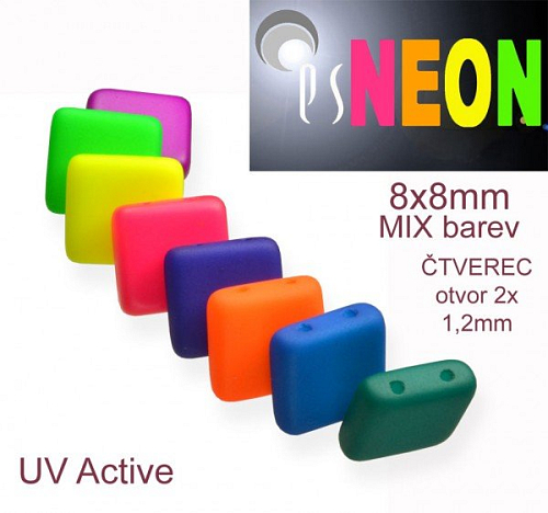 Korálky čtverec 2 otvory NEON (UV Active) velikost 8x8mm MIX barev. Balení 16Ks. 