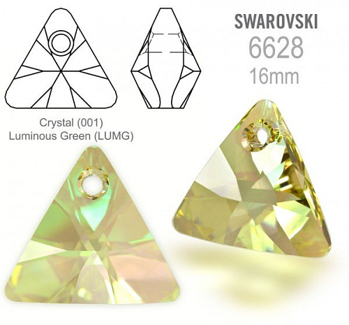 Swarovski 6628 XILION Triangle Pendant 16mm. Barva Crystal (001) Luminous Green (LUMG).