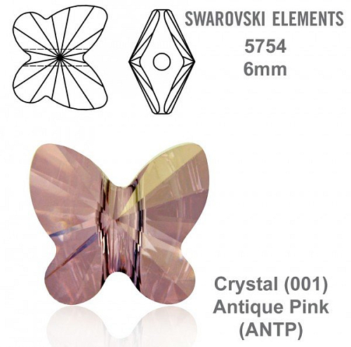 SWAROVSKI KORÁLKY Butterfly Bead barva CRYSTAL ANTIQUE PINK velikost 6mm. Balení 4Ks.