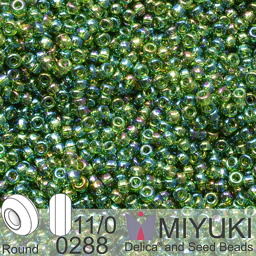 Korálky Miyuki Round 11/0. Barva 0288 Transparent Olive Green AB. Balení 5g. 
