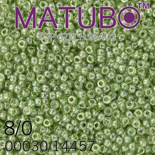 Korálky MATUBO™ mačkané rokajlové korálky. Velikost 8/0 (3,1mm). Barva 00030/14457 KRYSTAL+ZELENÝ LISTR. Balení 10g