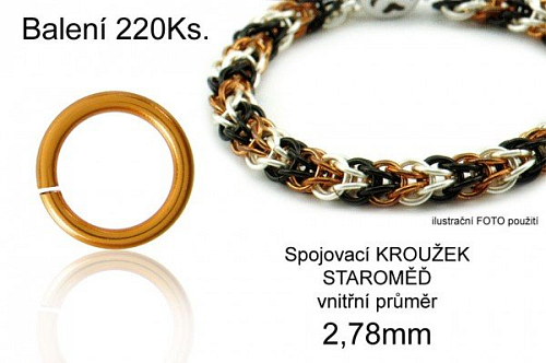 Spojovací KROUŽEK balení. Průměr vnitřní 2,78mm. Tl.0,8mm. Balení 220ks. Barva MĚDĚNÁ. 