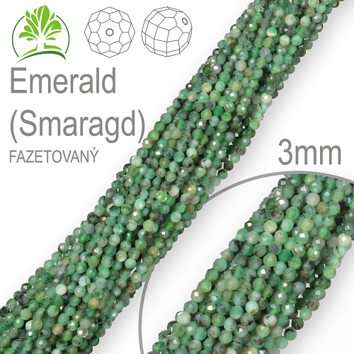 Korálky z minerálů Emerald (Smaragd) Fazetovaný polodrahokam. Velikost pr.3mm. Balení 120Ks. 