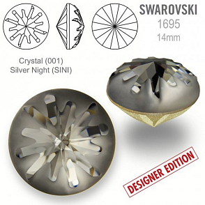 Swarovski 1695 Sea Urchin Round Stone PF velikost 14mm. Barva Crystal (001) Silver Night (SINI).