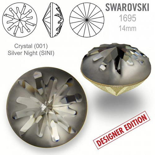 Swarovski 1695 Sea Urchin Round Stone PF velikost 14mm. Barva Crystal (001) Silver Night (SINI).