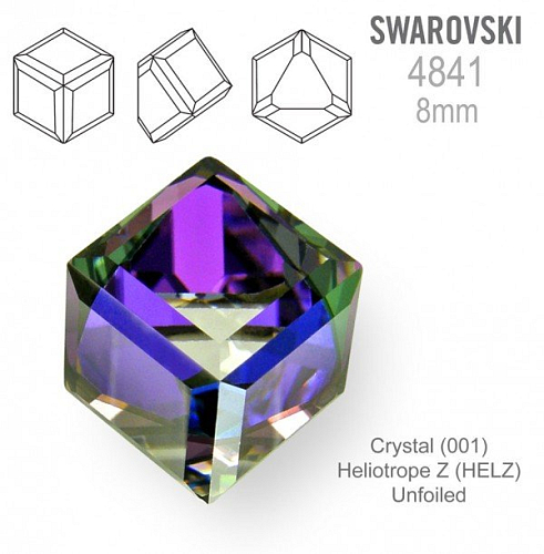 SWAROVSKI ELEMENTS 4841 Angled Cube (zkosená kostka) barva CRYSTAL (001) HELIOTROPE Z  (HELZ) velikost 8mm.