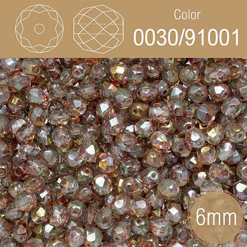 Korálky BROUŠENÉ 6mm. Barva 0030/91001. Průhledná s pokovem. Balení 50Ks.