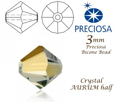 PRECIOSA Bicone (sluníčko) velikost 3mm. Barva CRYSTAL AURUM Half. Balení 42ks 