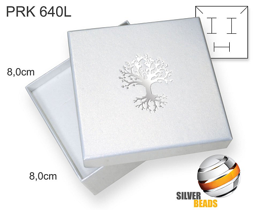 Krabička na šperky. Materiál papír Ozn. PRK 640L. Velikost 8x8cm. Barva BÍLÁ s potiskem STROM života (stříbrná barva)