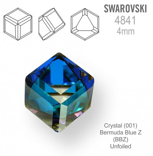 SWAROVSKI 4841 Angled Cube (zkosená kostka) barva Crystal (001) Bermuda Blue Z (BBZ) Unfoiled velikost 4mm.