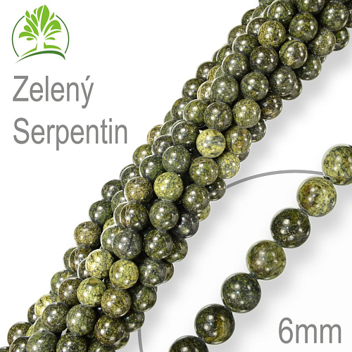 Korálky z minerálů Zelený Serpentin přírodní polodrahokam. Velikost pr.6mm. Balení 12Ks.