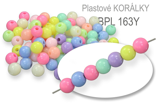 Korálky plastové PBL 163Y v různých barvách o průměru 6mm. Balení 25g (cca.210Ks).