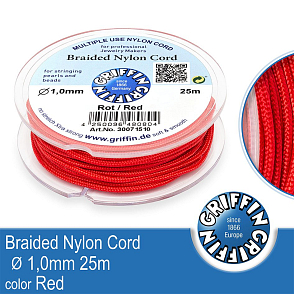 Braided NYLON (splétaná nit na náramky) GRIFFIN síla nitě 1mm cívka 25m. Barva Red.